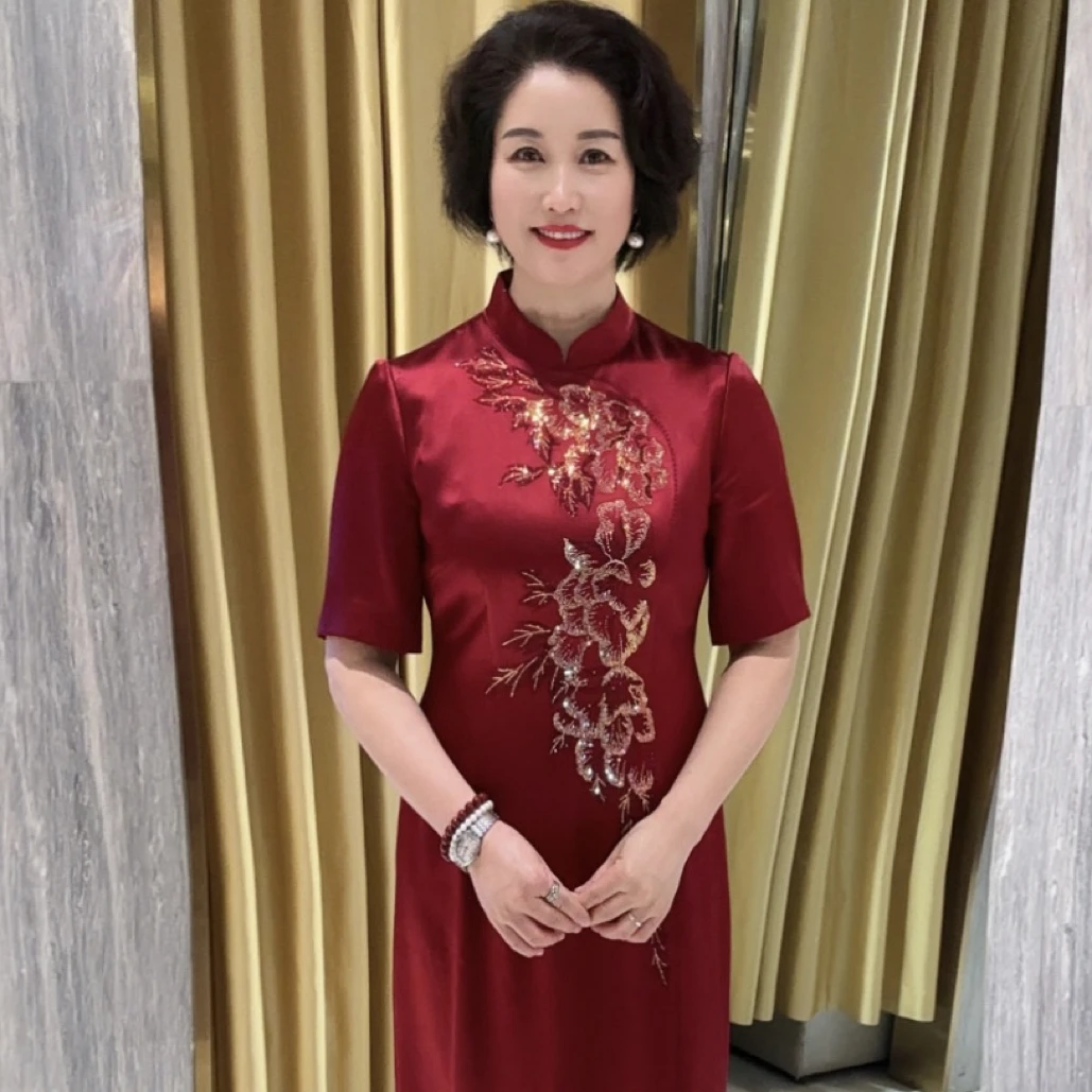 17892禧上加囍深酒红+紫烫钻工艺前侧开喜婆婆妈妈礼服