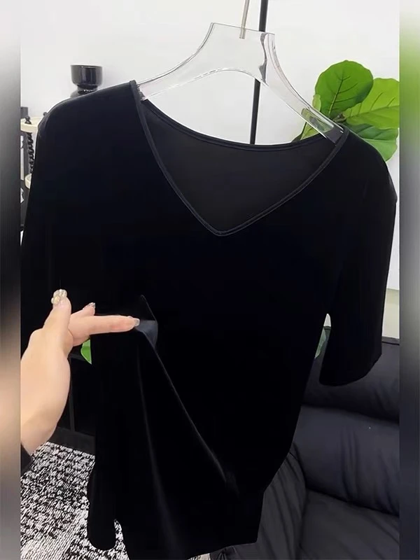 高档金丝绒黑色夏季短袖不招灰上衣宽松显瘦