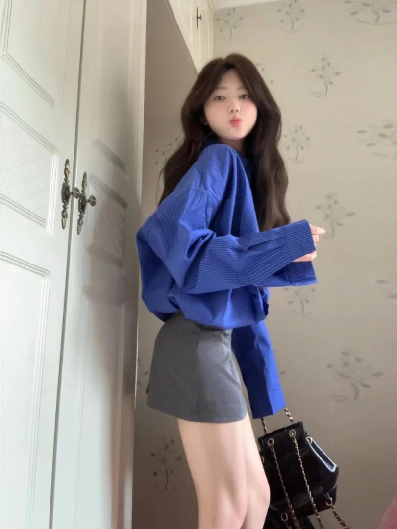 韩版蓝色长袖格子衬衫外套女2025秋季新款宽松休闲polo领开衫衬衣