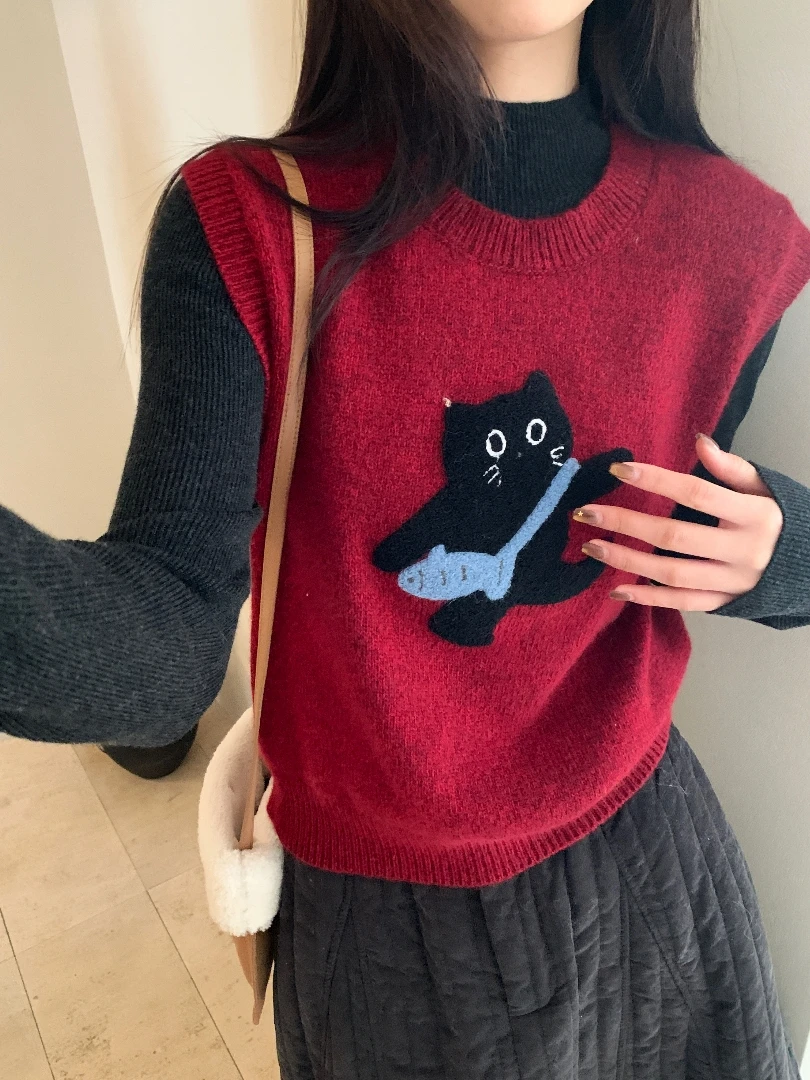 【玥玥家】[蜜熊绒】【不可机洗】嵌花工艺圆领套头马甲针织衫.