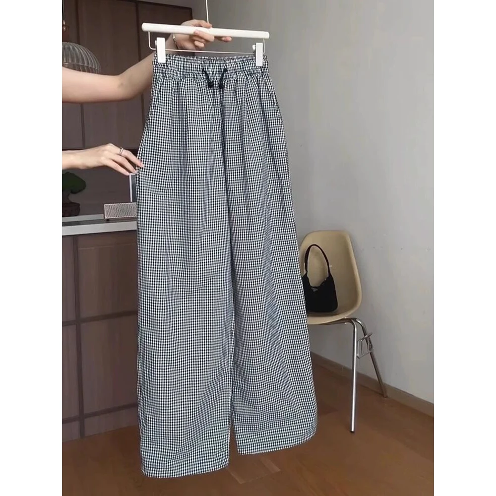 广州十三行高端爆款~黑色格子休闲裤女2025新款夏季高腰阔腿裤子
