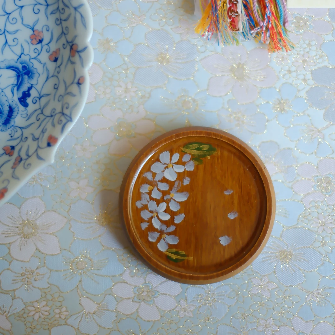 大碗茶器复古味天然竹手绘杏花盖置 中式圆形小壶承杯垫 便携厚实