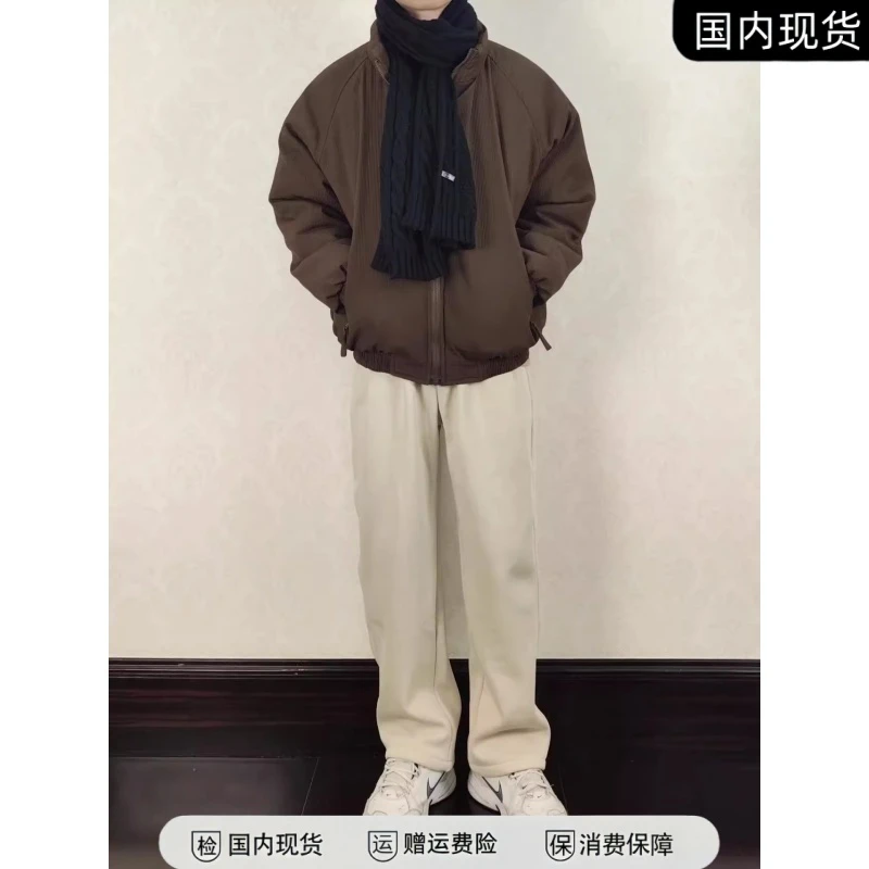 日系复古米色刺绣加绒卫裤男款秋冬季cleanfit宽松阔腿直筒休闲裤