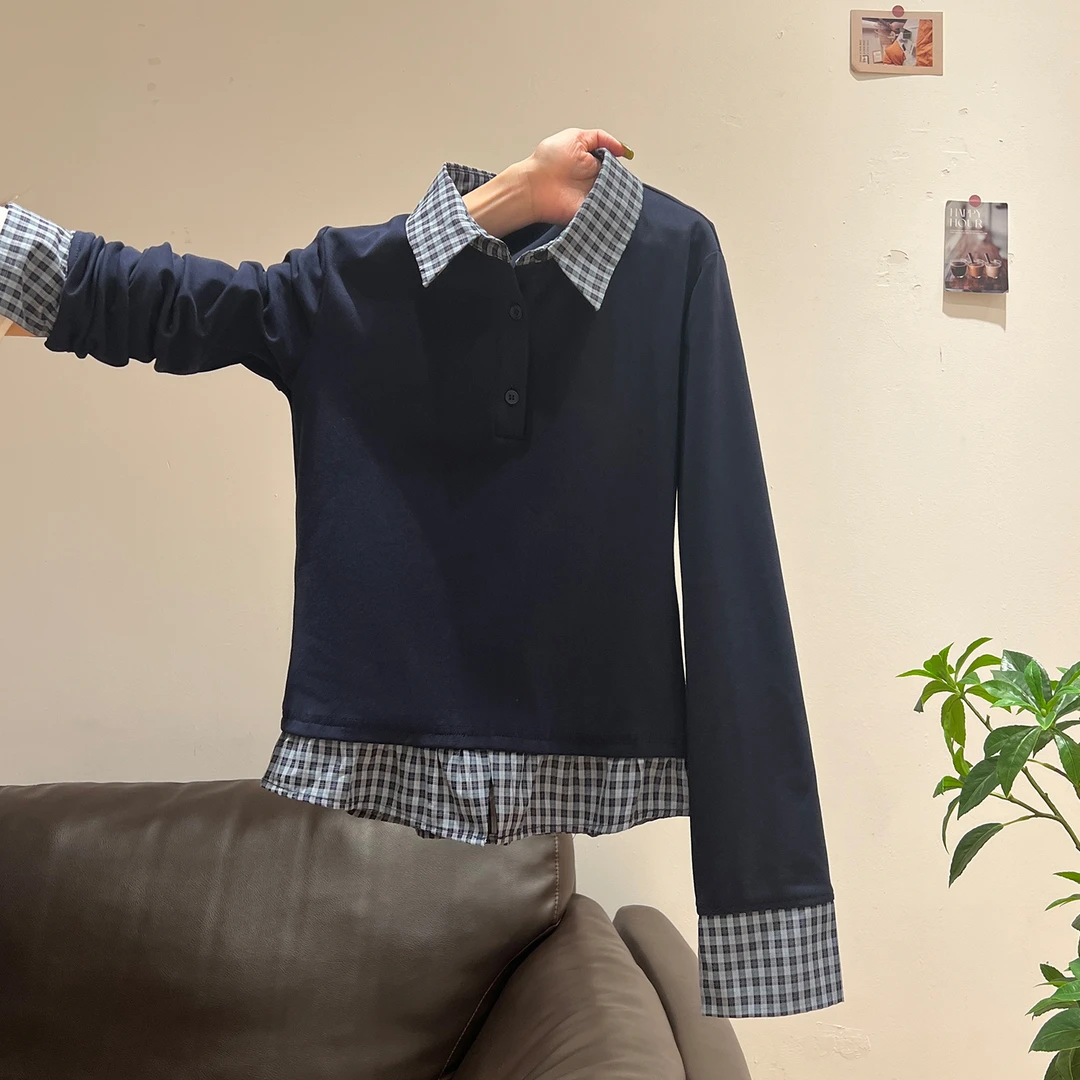 假两件POLO领格纹拼接撞色长袖T恤女2025早秋新款设计感纽扣上衣