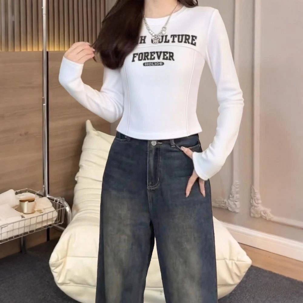 时尚长袖圆领百搭t恤设计感秋冬鱼骨修身显瘦短款韩版ins辣妹上衣