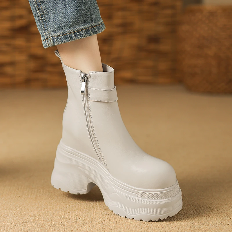 轻便防滑松糕厚底短靴女2025新款小个子增高12cm超高跟圆头马丁靴