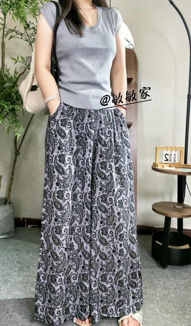 夏季休闲风时尚裙裤女装休闲紧腰长裤宽松百搭显瘦碎花阔腿裤