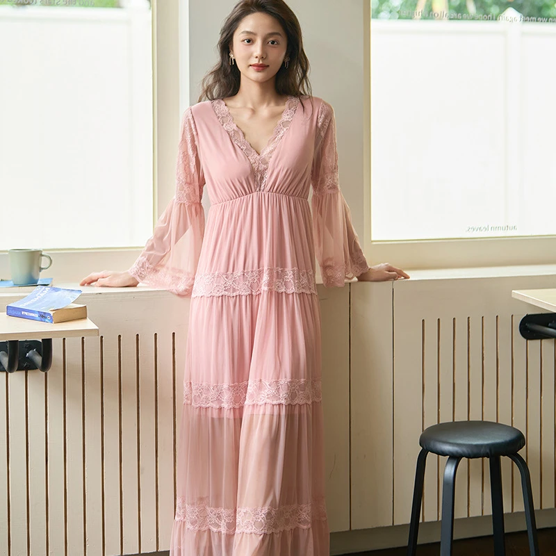avua法式网纱莫代尔宫廷风睡裙长袖女春夏高级感V领长款家居服