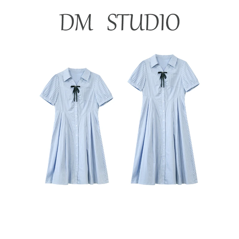 DM19093蛋妹大码女装夏季V领衬衫领气质A字裙遮肉连衣裙