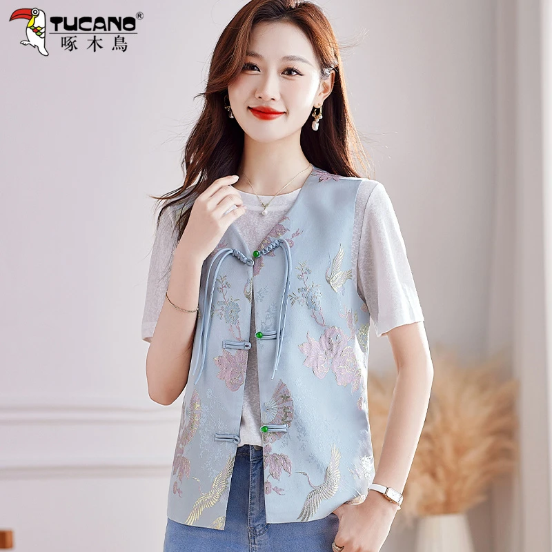 啄木鸟新中式国风马甲女款夏季2025新款薄款叠穿背心显瘦轻薄上衣