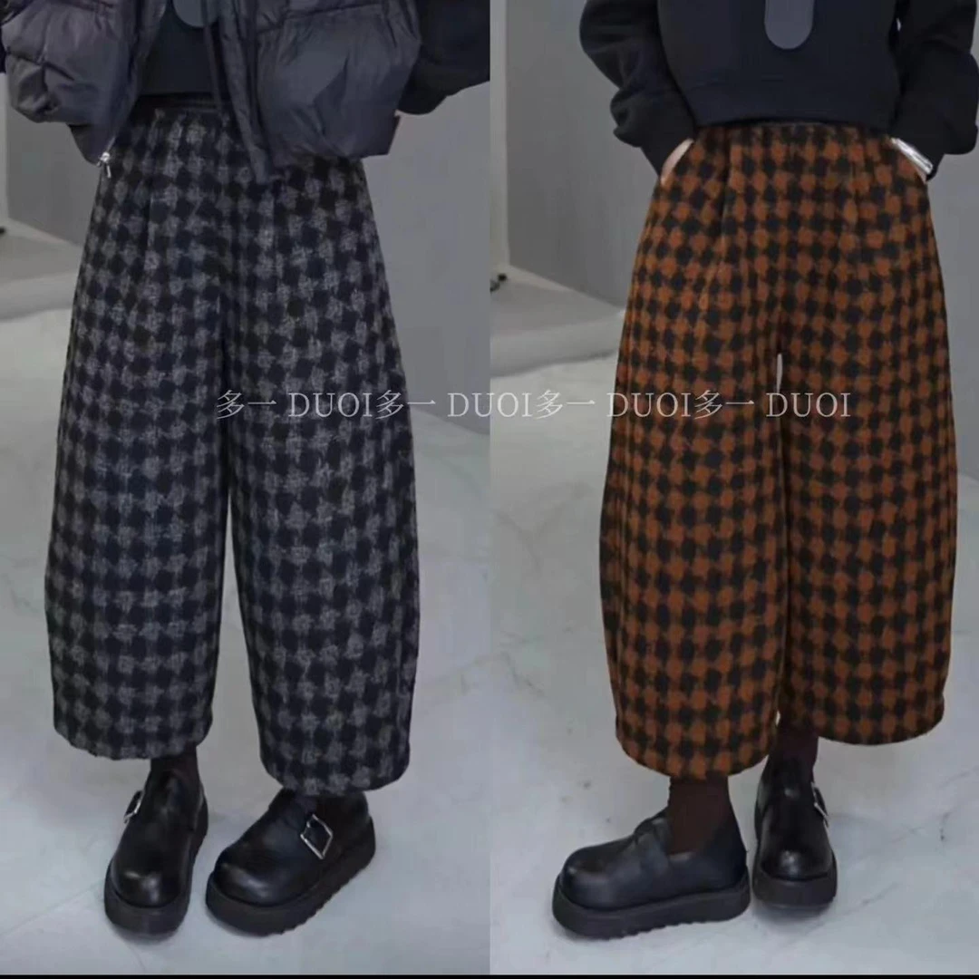 多一“哇塞裤”秋季高级复古休闲加厚时尚松紧腰格子高档气球裤