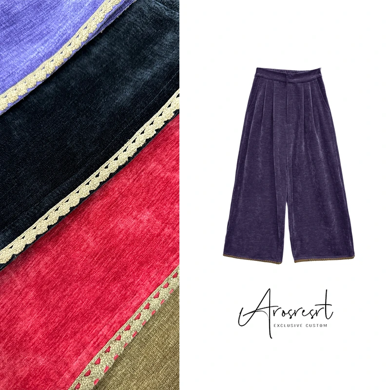 【小花边裤】秋冬复古休闲高腰阔腿裤休闲裤