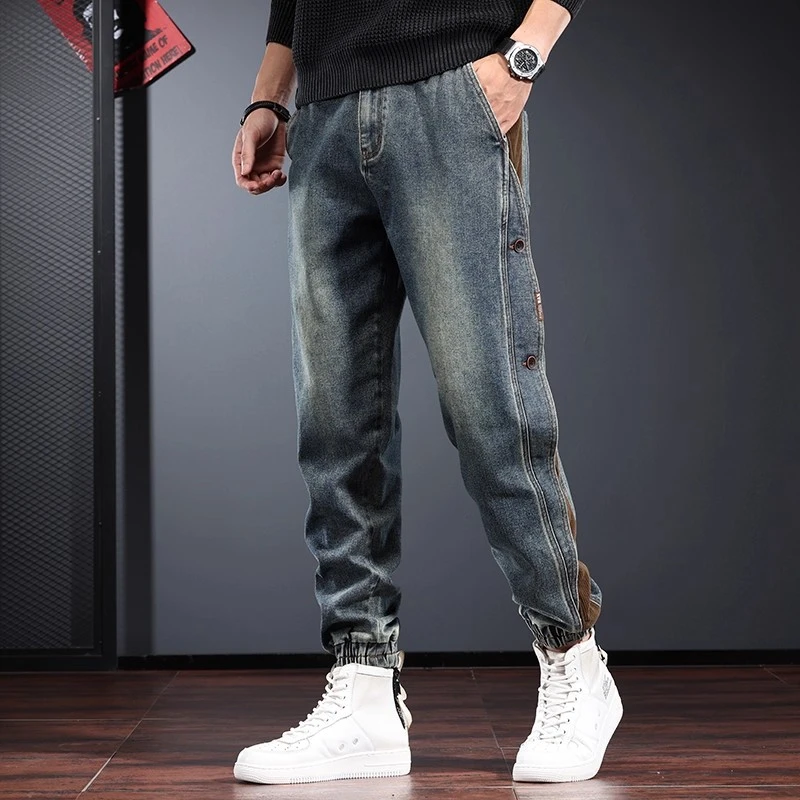 时尚牛仔裤男春秋季休闲束脚哈伦裤复古怀旧痞帅排扣美式工装裤潮