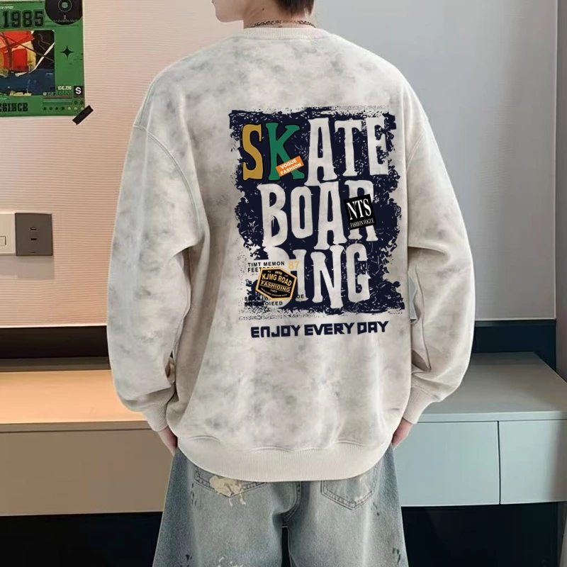 潮牌美式扎染圆领卫衣男士潮流休闲宽松大码长袖上衣青少年打底衫