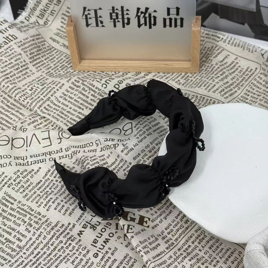 【钰韩】原单设计黑色水晶褶皱高炉顶宽边发箍百搭简约气质头饰607