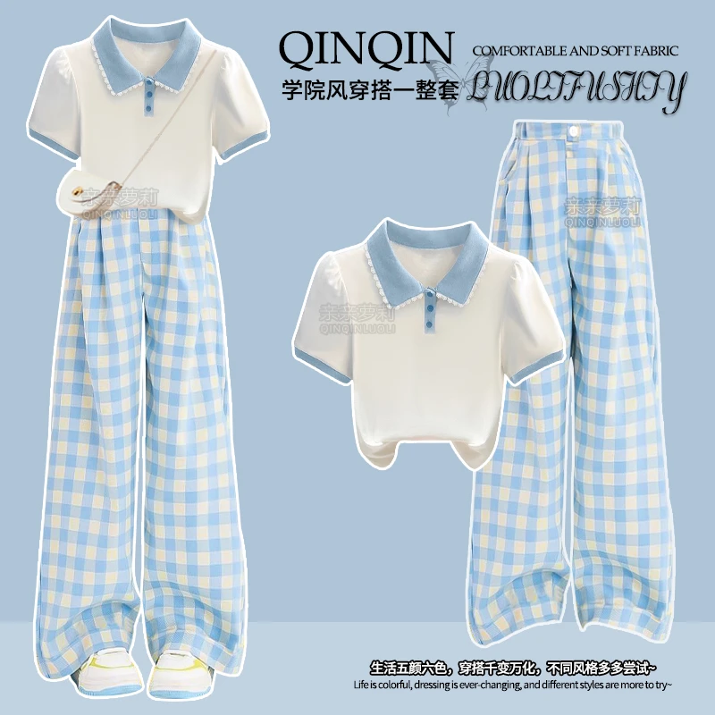 女童夏季阔腿裤套装新款短袖T恤青少年格子休闲裤夏装两件套衣服