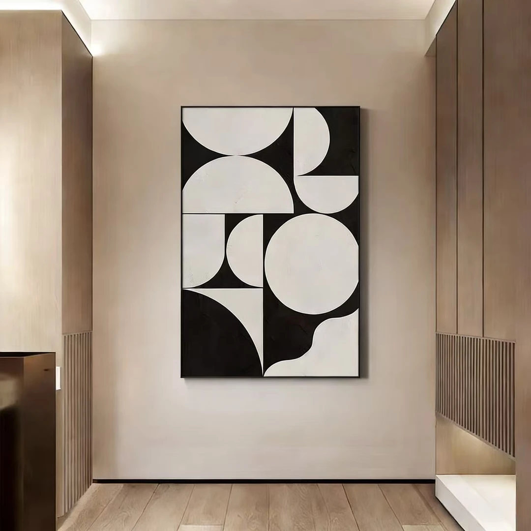 高端手工砂岩装饰画客厅沙发背景墙走廊玄关黑白半圆简约风100150