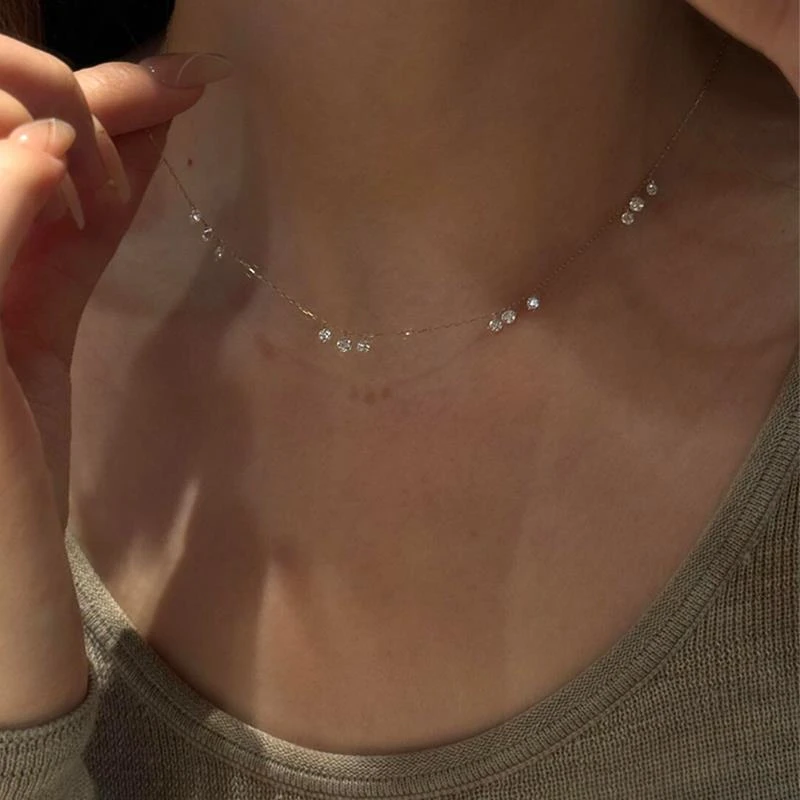 铜合金合成锆石项链 极细闪钻水滴流苏项链轻奢小众清冷感锁骨链