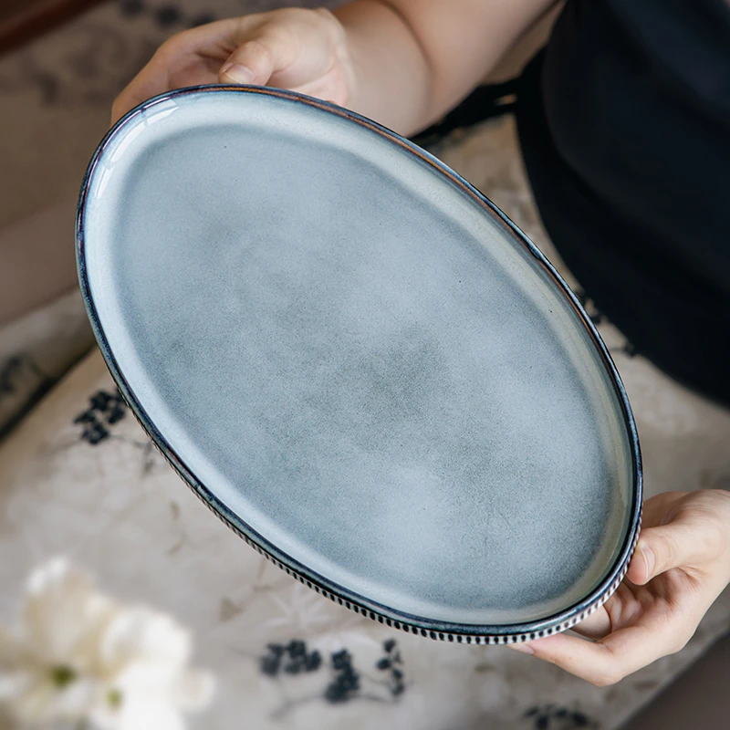 小悠家 大口吃鱼加大12英寸浮雕鱼盘陶瓷椭圆盘蒸鱼盘饭店餐具