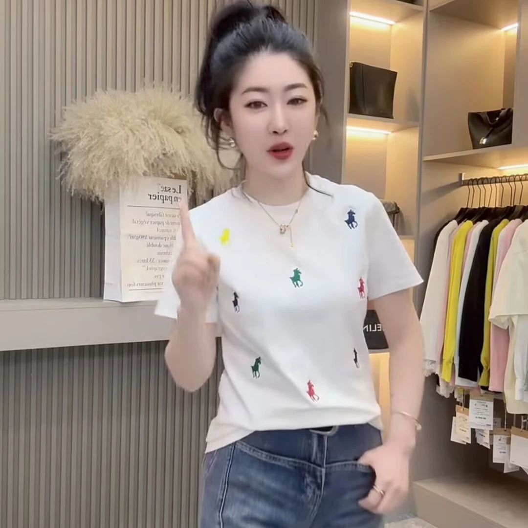 2025夏季新款设计感彩色刺绣卡通小马短袖T恤女修身显瘦百搭洋气