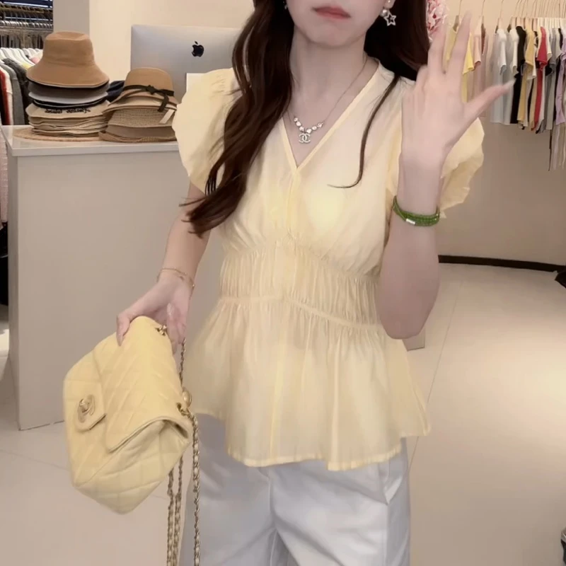 夏季韩版纯色褶皱收腰V领小衫上衣百搭时尚减龄LK2503737