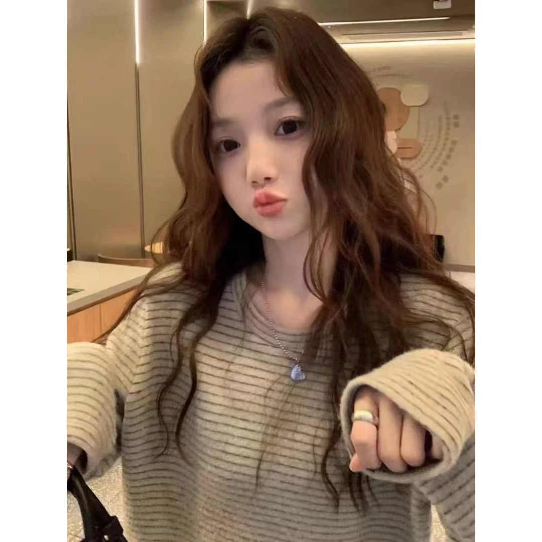 加绒「慵懒风」秋冬款【男女同款】细条纹毛绒长袖秋冬宽松打底24228