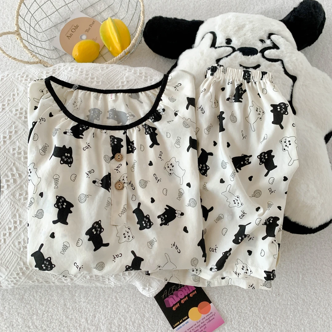 短袖薄款睡衣女天云朵棉夏季圆领套头ins日系卡通小猫套装家居服