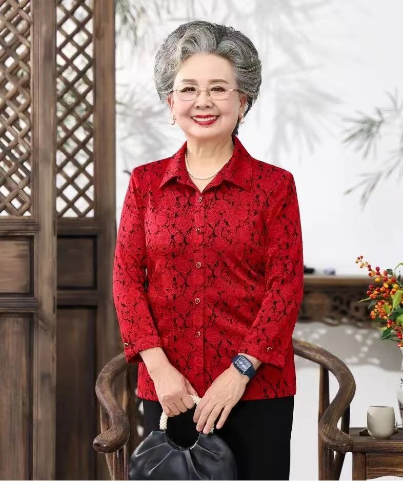 8235-小花休闲薄款老年秋装中老年女装大码常规夏季翻领