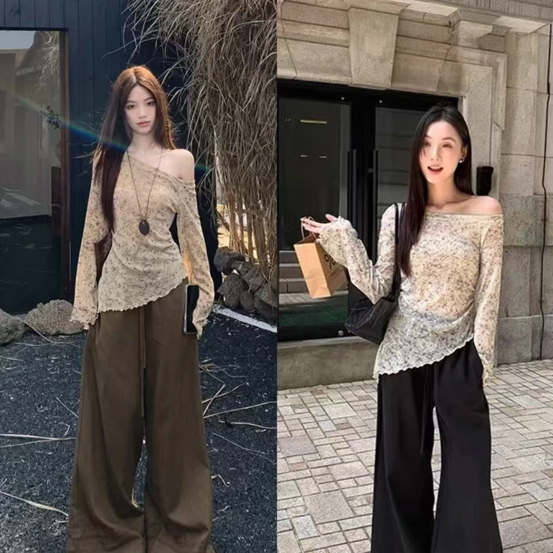 大码韩系辣妹穿搭不规则长袖针织衫阔腿裤秋季遮肉显瘦别致上衣