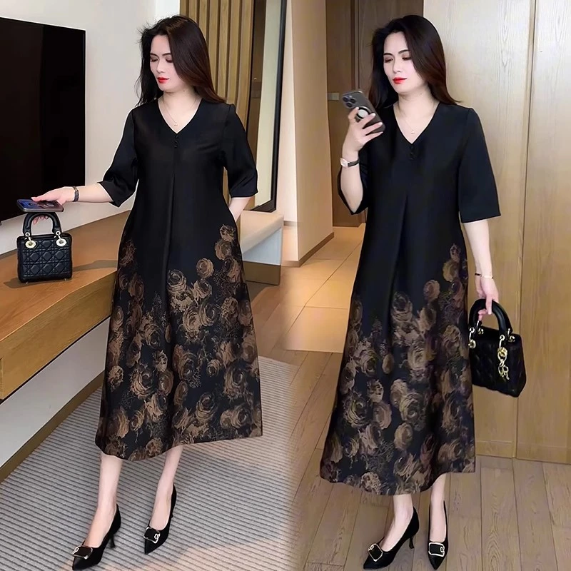 时尚轻奢连衣裙女2025夏新款时髦洋气显瘦短袖上衣气质印花长裙潮