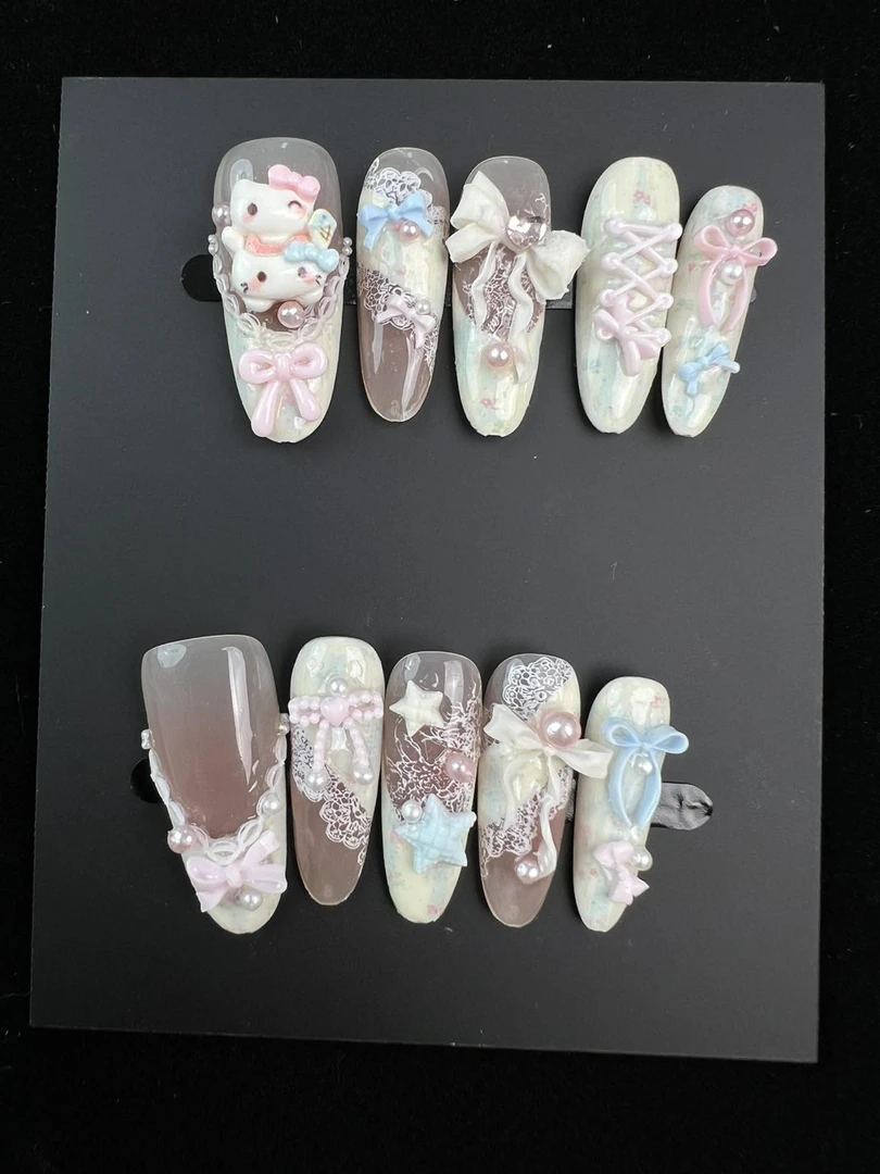 【粉甜 Kitty】立体凯蒂猫蝴蝶结蕾丝甜系美甲