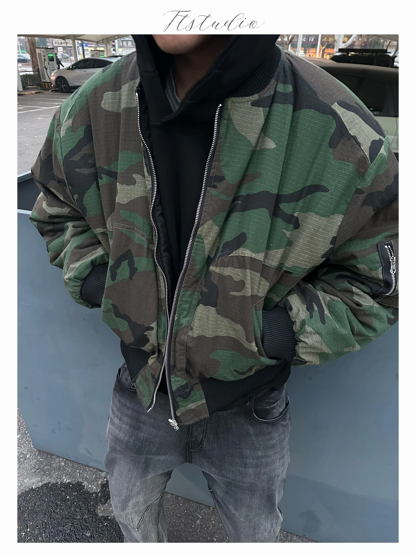 Ttstudio美式双面穿迷彩棉服男bomber飞行夹克冬季保暖外套