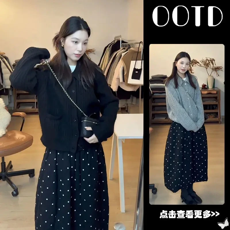 秋冬穿搭一整套女2025新款黑色宽松翻领针织衫波点半身裙两件套