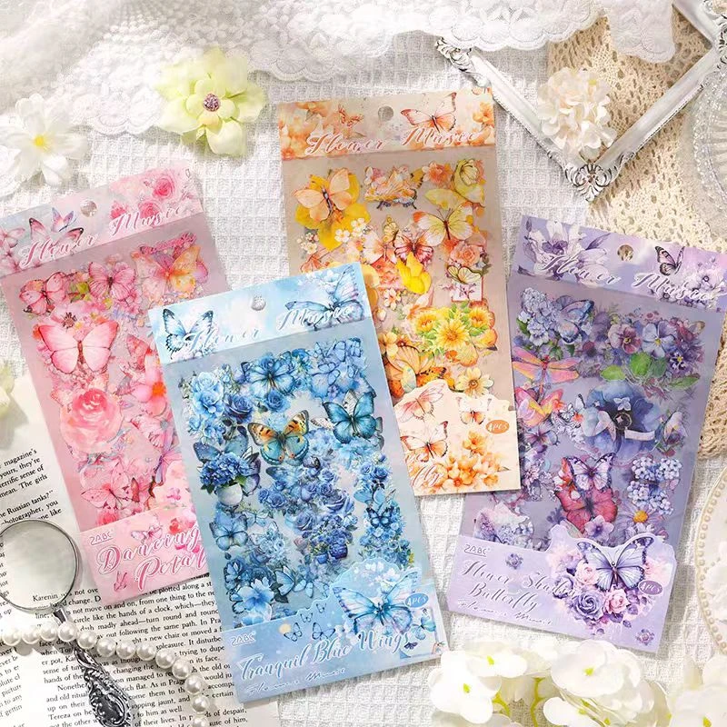花丛乐章ins蝴蝶花卉贴纸防水PET拼贴手帐DIY素材精致百搭贴纸