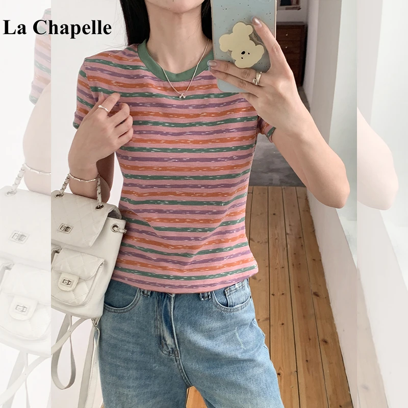 拉夏贝尔多巴胺彩虹条纹圆领正肩短袖T恤女夏季撞色修身短款上衣
