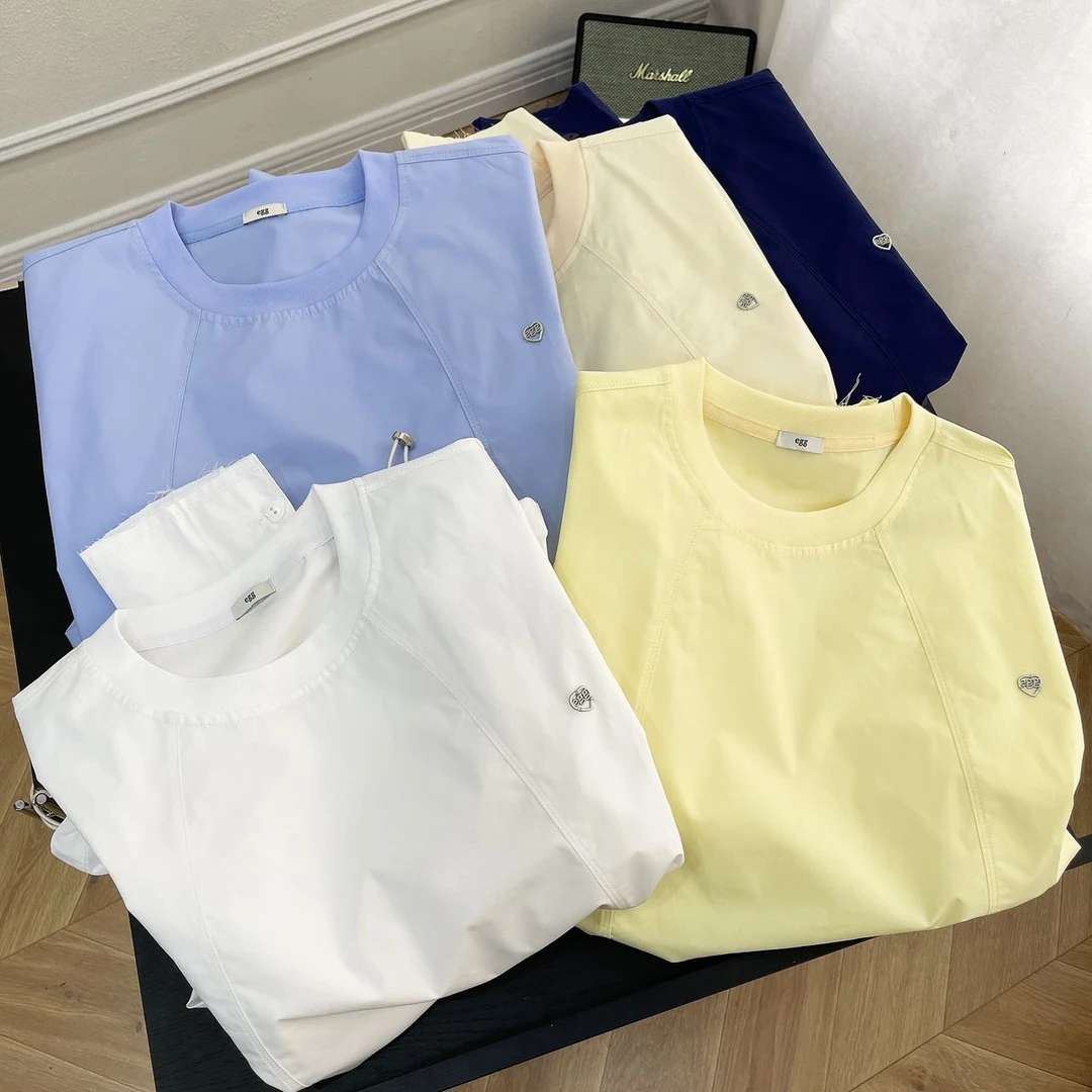 金喜-纯色净韩系休闲抽绳极简套头衬衣圆领卫衣毛边袖衬衫