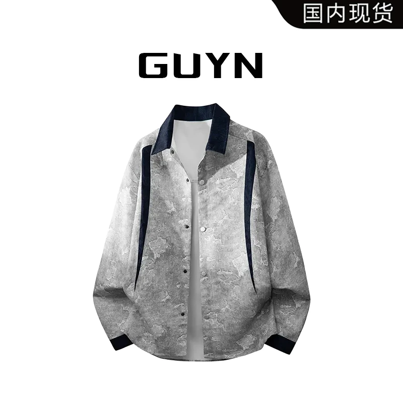 【品牌现货】GUYN长袖衬衫上衣男士秋季拼接撞色翻领衬衣高级感衣服