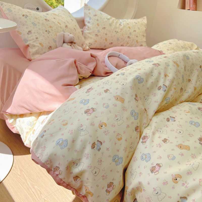 A类针织双层纱四件套小清新被罩碎花被套床单单人学生宿舍三件套