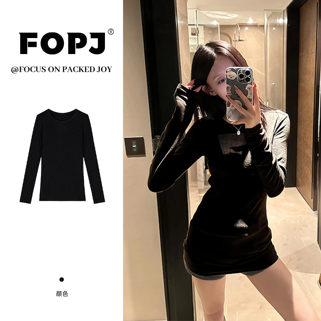 FOPJ新款德绒保暖打底衫女时尚百搭修身显瘦加绒长袖圆领内搭上衣