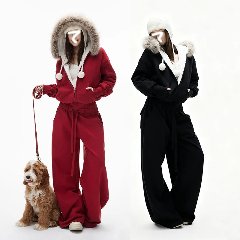 Two Million/松弛感毛领加绒拉链连帽外套+休闲抽绳拖地卫裤套装