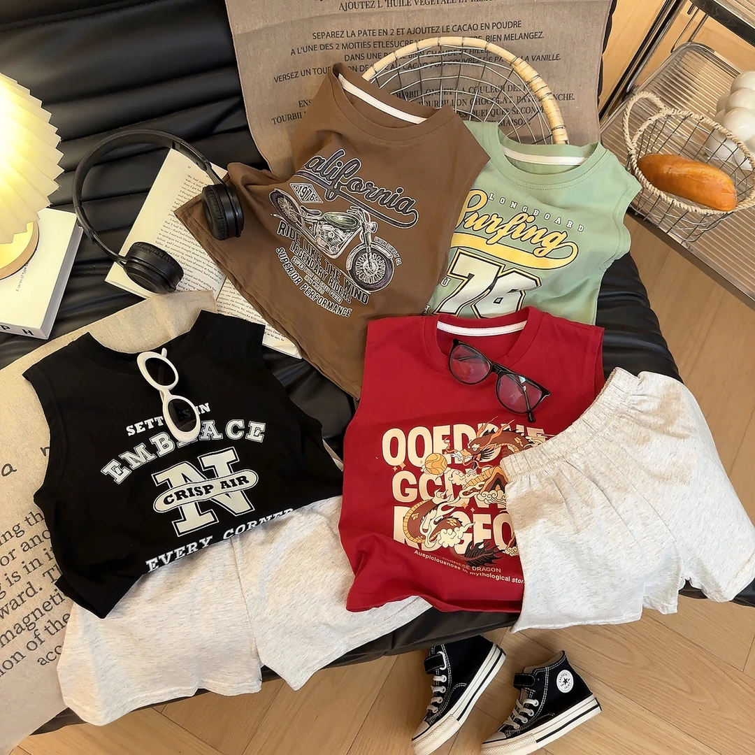 网红100%纯棉夏季男童韩版帅背心套装薄款洋气炸街两件套潮