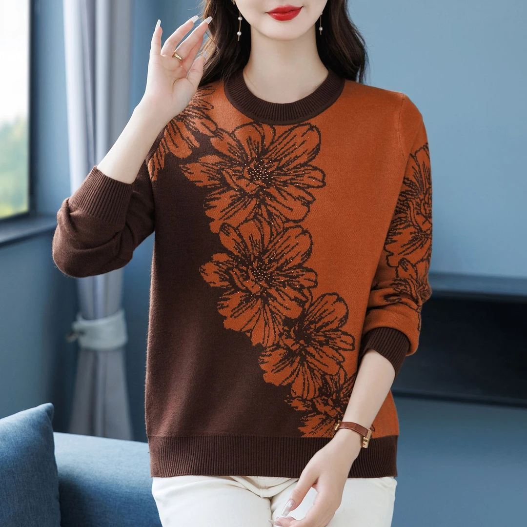 时尚提花中老年妈妈针织衫秋冬新款宽松遮肉外穿打底圆领高档上衣