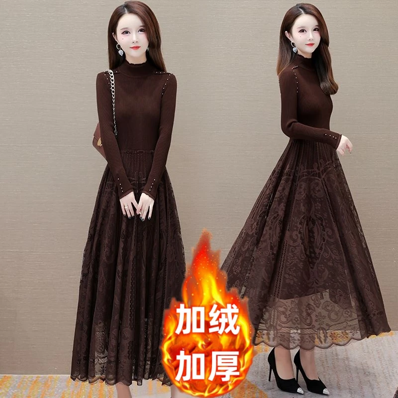 高档假两件蕾丝拼接连衣裙秋冬新款中长款毛衣裙宽松显瘦打底裙子