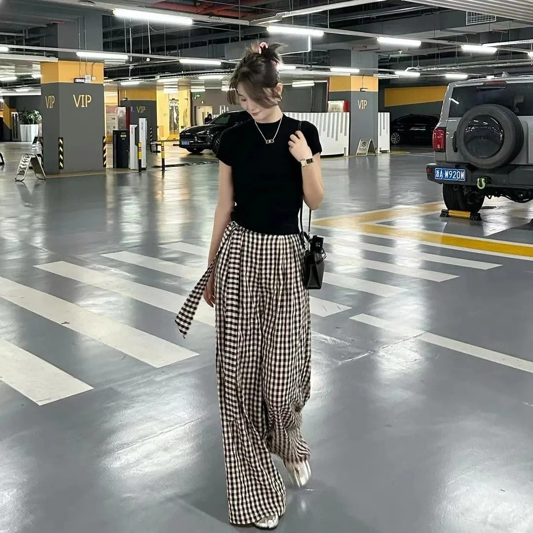 黑白格子长裤高腰直筒裤宽松夏季棋盘格裤子短袖T恤网红两件套潮