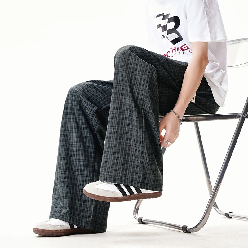 HIGUY冰丝凉感格子裤男女同款夏季薄款潮牌宽松直筒显瘦休闲裤子