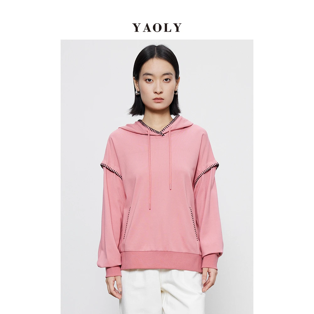 【姚领YAOLY】专柜正品 秋冬设计感粉色套头连帽卫衣女士