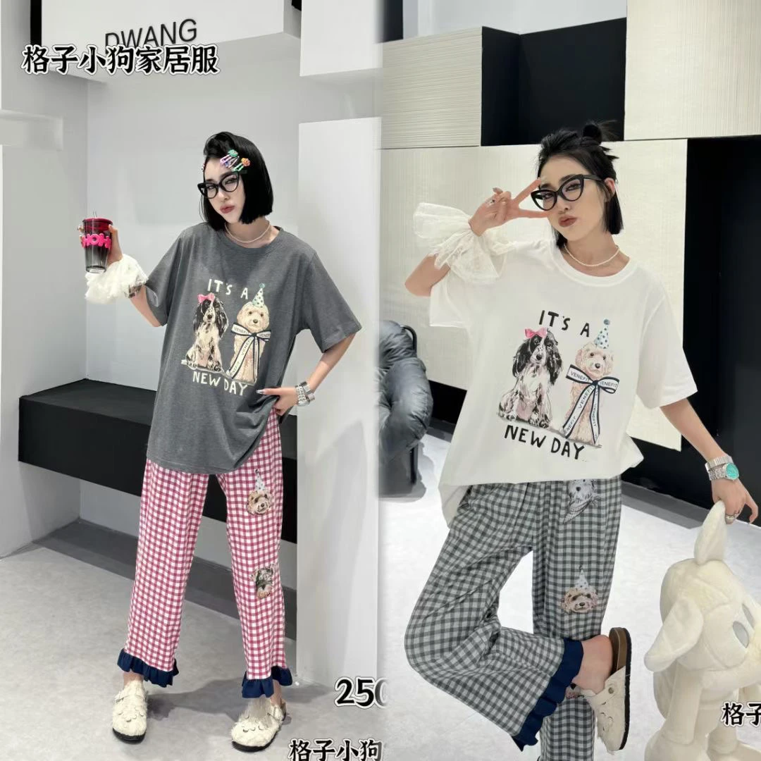可爱卡通狗狗棉质睡衣女短袖长裤家居服套装春夏季