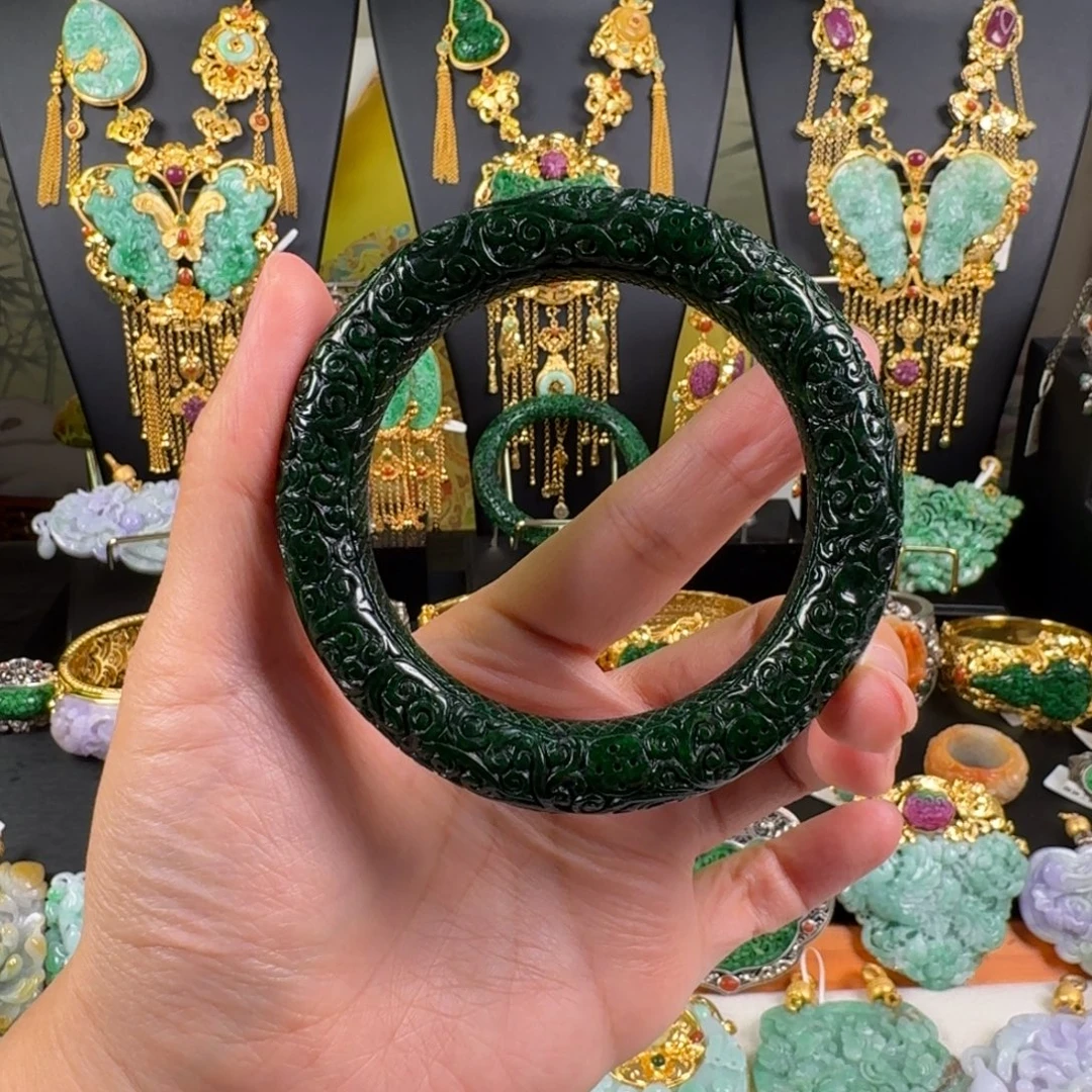 翡翠未镶嵌手镯老花青手镯 炸价