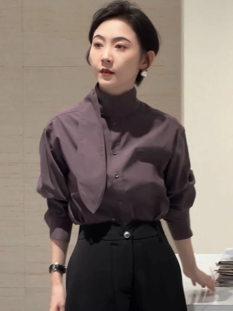 立领兔耳朵长袖衬衫女春秋新款高级感休闲宽松显瘦百搭长袖上衣潮