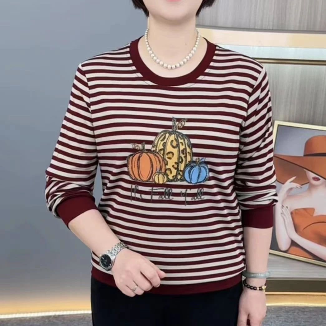 秋季新款时尚圆领条纹洋气妈妈装宽松显瘦百搭休闲打底衫H8103